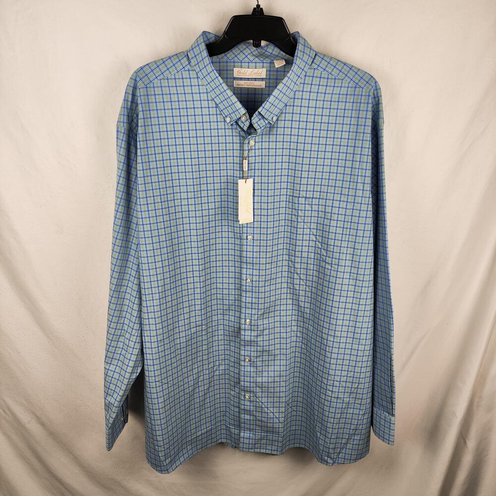 Roundtree & Yorke Gold Label Shirt Mens 4XLT Blue Plaid Non Iron Button Down